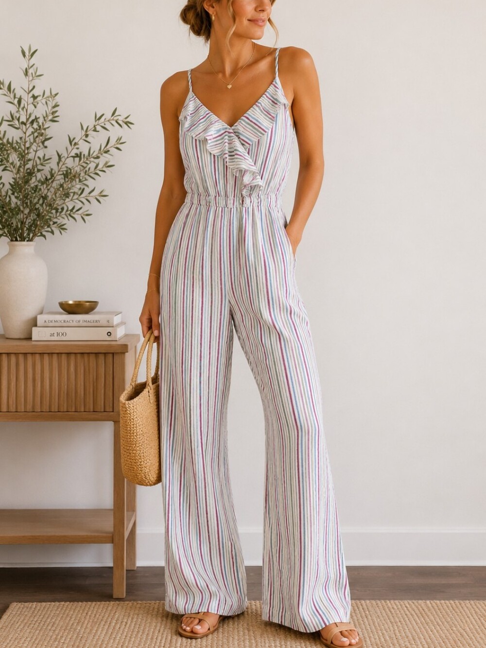 NWT! All In Favor Striped Wide Leg Jumpsuit L